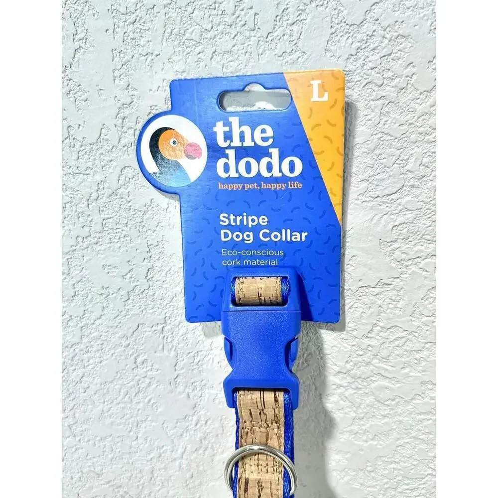 NWT The dodo Dog Collar Stripe Cork Material Blue Size Lg Neck Size 16-26in. Eco